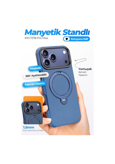 Fulltech Ftpc10 Apple iPhone Uyumlu 17 Pro Max  Mavi Magsafe Kılıf 360 Döner Metal Halkalı Standlı Manyeti