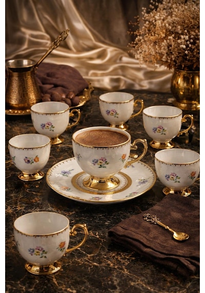 Mona 6 Kişilik Porselen Kahve Fincan Takımı Gold Detaylı Fincan Takımı Çok Renkli