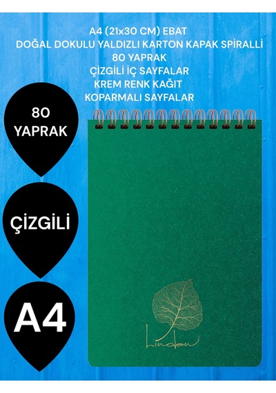 Çizgili A4 21x30 Cm 80 Yaprak Karton Kapak Spiralli Krem Renk Sayfalar Üstten Açılır Linden Koyu Yeşil