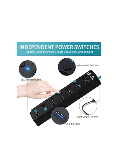7 Port Usb 3.0 Çoklayıcı Hub 30cm Kablo 5gbps On Of Tuşlu Işıklı 7ports Usbhub