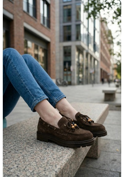 Efw Kadın Yüksek Kaymaz Taban Kahve Süet Boncuklu Bağcıklı Loafer Oxford Ayakkabı