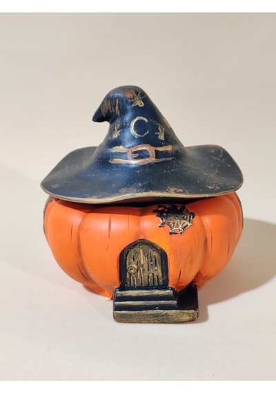 Turuncu Halloween Temalı Kapaklı Balkabağı Büyücü Şapkalı Dekoratif Obje Hediyelik Saklama Kutusu Biblo