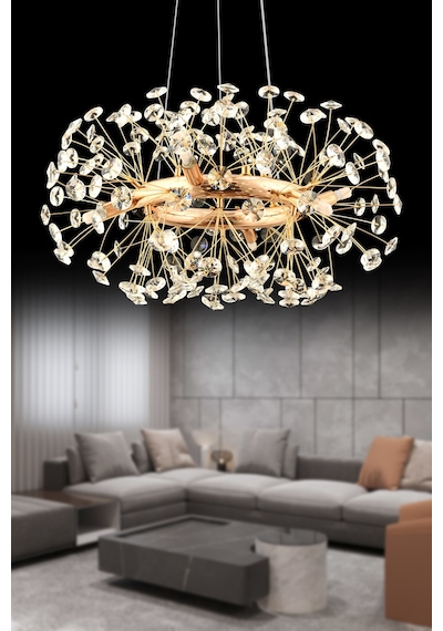 Gloria 60'lık Gold Kristal Taşlı Modern Tasarım Salon Avize