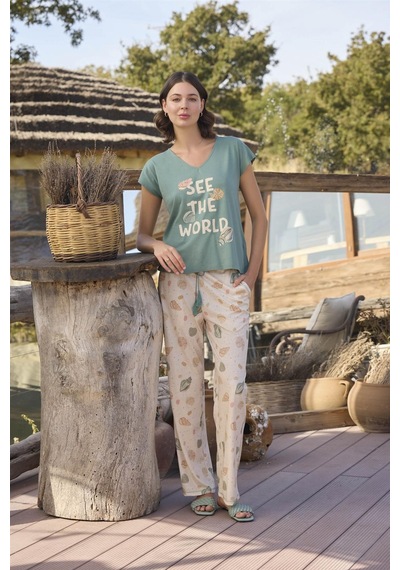 Monamise Kadın Desenli Ve Baskılı "see The World" Pijama Takımı 24113-yeşil Yeşil