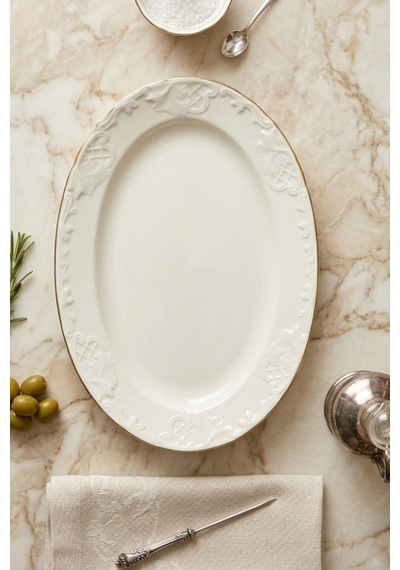 27 Cm Cream Altın Yaldızlı Kabartma Goncagül Desen Porselen Kayık Tabak Şık Servis Ve Sunum Tabağı Krem