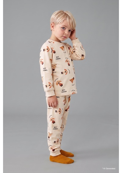 Defacto %100 Pamuk Uzun Kollu Bisiklet Yaka Üst Jogger Alt Hayvan Baskılı 2li Pijama Takımı Erkek Bebek H6537a526aubg734 Bej-bg734