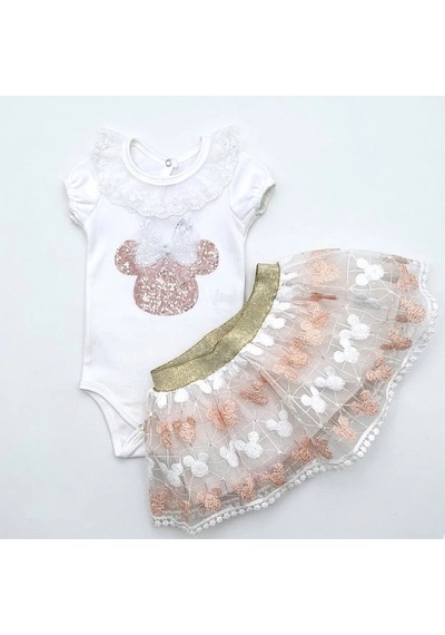 Biçomi Özel Gün Şıklığı Ve Gün Boyu Konfor Sunan Mickey Nakışlı, Brode Etekli Pamuklu Kız Bebek Takımı Pudra
