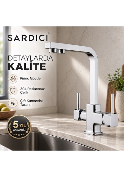 Sardıcı Ramon 3 Yollu Arıtmalı Mutfak Bataryası Pirinç Gövde  Krom
