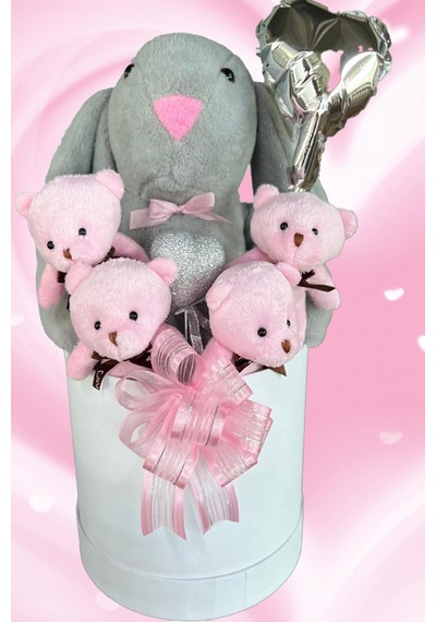 Sole Premium Özel Kutusunda 45 Cm Gri Bunny Tavşan, Simli Kalp 4 Pembe Ayıcık Ve Kalp Balonlu Buket