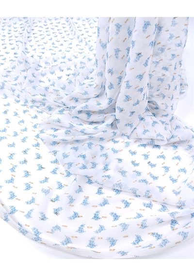 Beyaz Üzeri Mavi Çiçekli Dore Simli Krinkıl Şifon Kumaş Elbiselik & Pareoluk En: 145cm-12464 Beyaz,mavi,dore