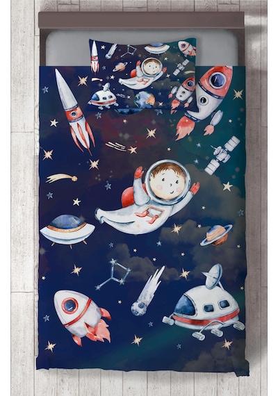 Mekta Home Bebek Ve Çocuk Odası Uzaylı Astronot Desenli Yatak Örtüsü Renkli