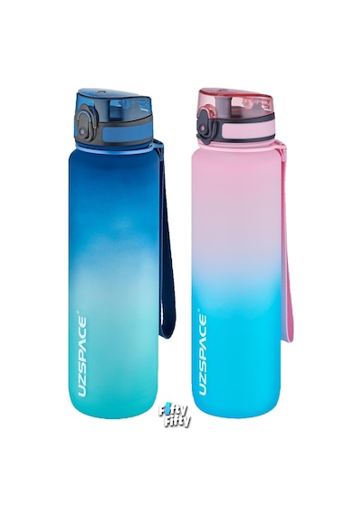 Uzspace 2'li Tritan Matara Seti 1000ml Büyük Boy Çift Renk Softtouch Ff Collection Tritan Su Matarası Mavi Turkuaz - Pembe Yeşil
