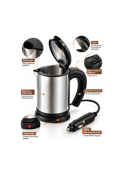 Yolculuk Ve Seyahat İçin 12v Araç Uyumlu Paslanmaz Çelik Elektrikli Su Isıtıcı Kettle - Lisinya