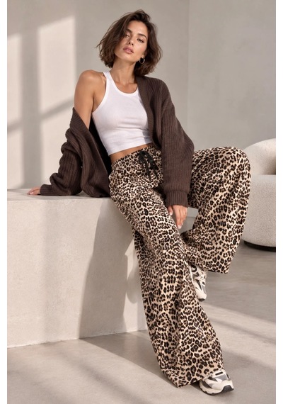 Bbbutikbasic Kadın Leopar Desenli Beli Lastikli Bol Paça Pantolon My3535