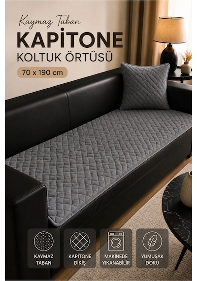 Kaymaz Taban Kapitone Koltuk Örtüsü Çekyat Koruyucu 70x190 Cm Gri