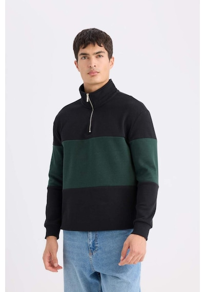 DeFacto Comfort Regular Fit Rahat Kalıp Dik Yaka Fermuarlı Çizgili Kalın Sweatshirt D2401AX24AUBK34