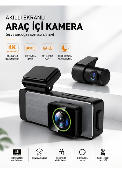 Blc 4k Ultra Hd Araç İçi Kamera Ön Ve Arka Çift Kameralı Akıllı Ekranlı Dash Cam Gece Görüşlü G-sensörlü 140 Geniş Açı Microsd Kart Destekli