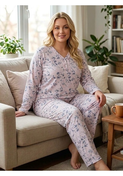 Büyük Beden Yumuşak Tuşeli Uzun Kol Likralı Pijama Takımı 8733 Pembe