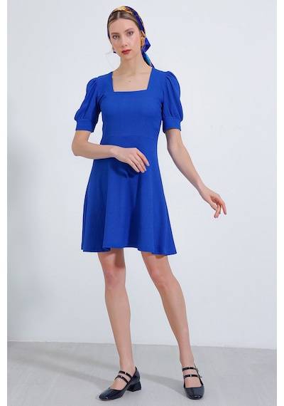 Bigdart Kadın Saks Kare Yaka Örme Mini Elbise 2339bgd19-034-14730 001