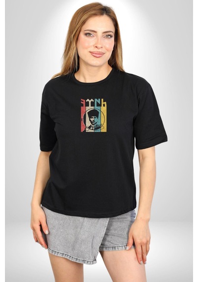 Atatürk İmzalı Türk Logo Siyah Oversize Unisex Ön Orta Minimal Baskılı Tişört Siyah