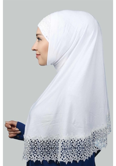 Altobeh İkili Set Dantelli Pratik Eşarp Hazır Hijab Ve Tesettür Bonesi Xl Beyaz