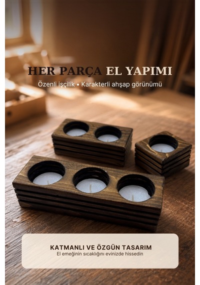 3'lü Doğal Ahşap Mumluk Dekoratif Şamdan Özel Tasarım El Yapımı Kahverengi Kahverengi