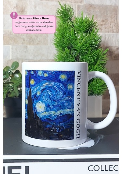 Vincent Van Gogh - Tarihi Sanat Starry Night Baskılı Porselen Kupa Bardak Çok Renkli