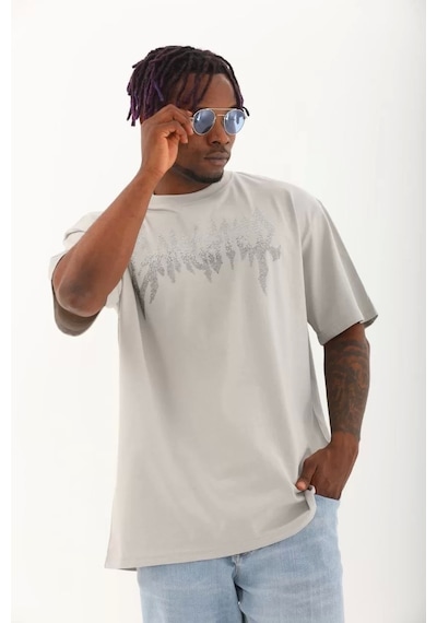 Unisex Oversize Taşlı Bisiklet Yaka T-shirt - Gri Gri
