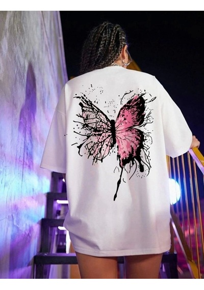 Wear Vexel Kadın Tişört Kelebek Baskılı Oversize Kısa Kol T-shirt - Beyaz Beyaz