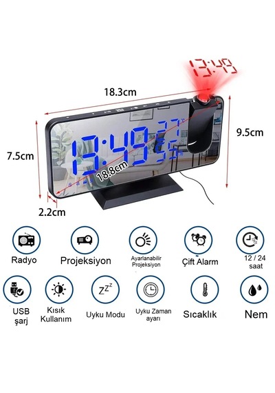 Çok Fonksiyonlu Ayna Saat Fm Radyo Alarm Projeksiyon Sıcaklık ...