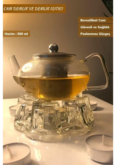 2 Li Set Cam Demlik Ve Cam Isıtıcı Süzgeçli Demlik 500 Ml Bitki Çayı Demliği Borasilikat Gri