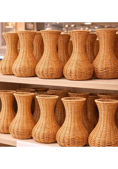 El Yapımı Hasır Vazo Doğal Rattan Dekoratif Saksı Bohem & Modern Ev Dekoru 23 Cm Açık Kahve