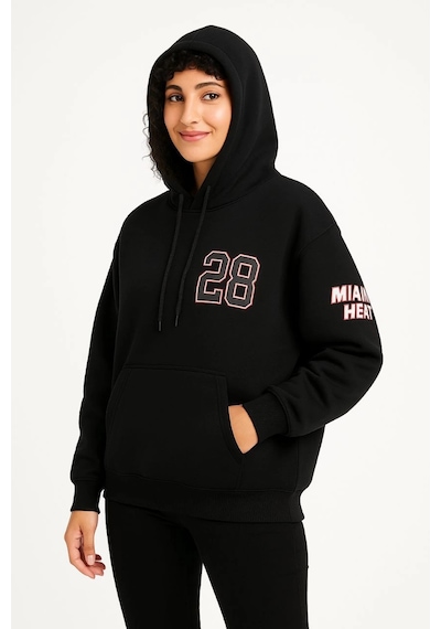 Primemagazam Kadın 3 İplik Pamuklu Kapüşonlu Kanguru Cepli Baskılı Hoodie Sweatshirt - Siyah Çeşitli