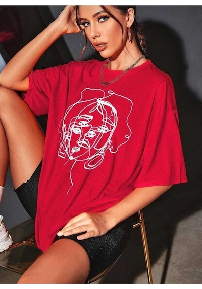 Kozia Outdoors Malkoçbey Kadın Yüz Figür Detaylı Basic Oversize Unisex T-shirt Kirmizi