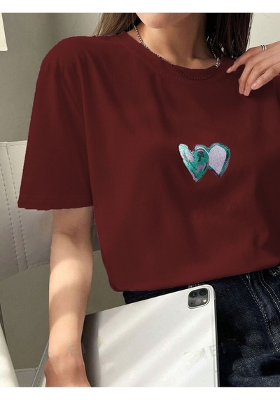 Flood Of Style Kadın Bordo Çift Kalp Baskılı Oversize