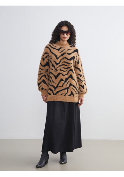 Lcw Modest Kahverengi Dik Yaka Leopar Desenli Kadın Triko Tunik