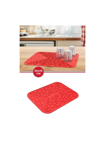 Bulaşık Kurutma Matı, Bulaşıklık - Su Toplamaz Silikon Bulaşık Altlığı Orta Boy 36x25 Cm Kırmızı