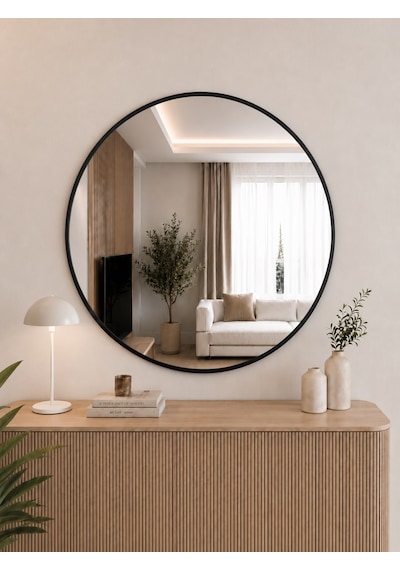 Effe Siyah Metal Çerçeveli 80 Cm Yuvarlak Ayna
