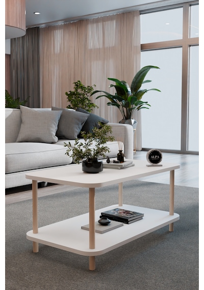 Kare Orta Sehpa 90 Cm 2 Raflı Salon Sehpası Ahşap Ayaklı Dekoratif Sehpa Beyaz