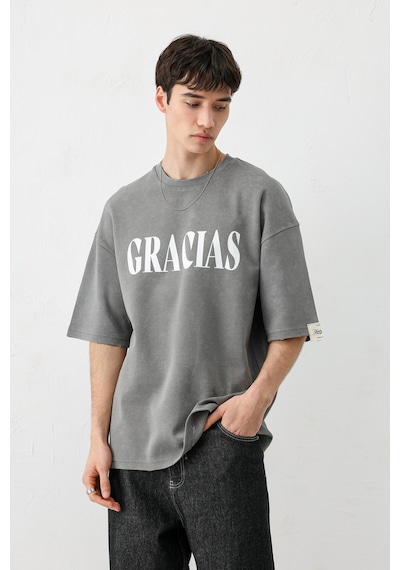 Vamos Oversize Baskılı Tişört V70-143 Füme