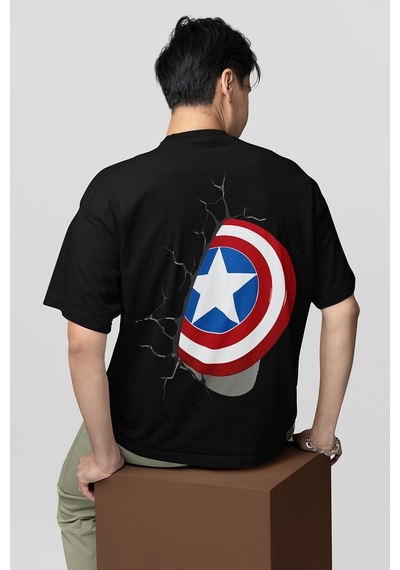 Kaptan Amerika Kalkan Baskılı Unisex Oversize Avengers Marvel Tiş Siyah
