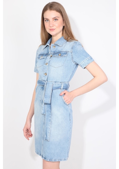 Kadın İki Cepli Açık Mavi Jean Elbise Kemerli Regular Fit Açık Mavi