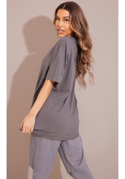Düz Süprem T-shirt - Füme Oversize Bisiklet Yaka Kısa Kol Tişört Füme