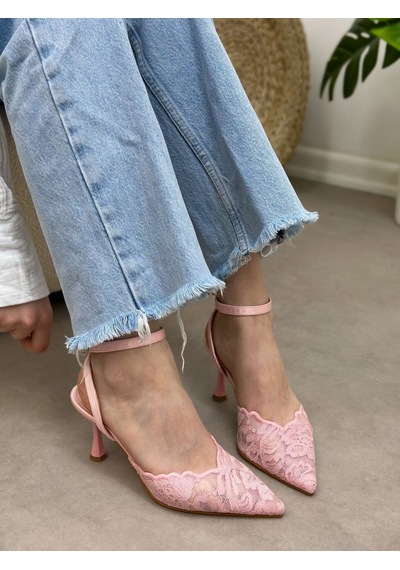 Ervanın Butiği Şeker Pembe Dantel Vusuel Nakışlı Arka Bant Detaylı Kadın Stiletto-6250