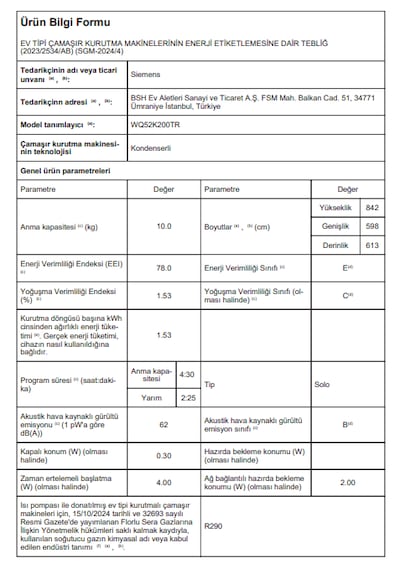 Siemens WQ52K200TR 10 KG Isı Pompalı Kurutma Makinesi