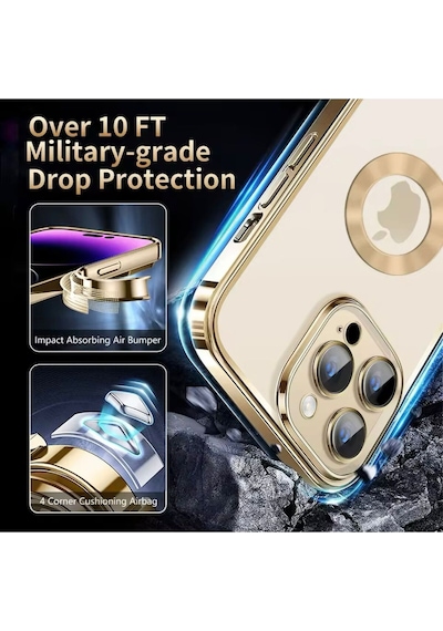 Apple Uyumlu iPhone 14 Pro Extra Kamera Korumalı Kamerası Cam Lensli Lazer Lüx Kılıf - Tam Koruma-kalite Altın
