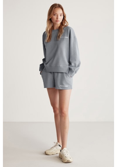 Grımelange Jennıfer  Kadın Organik Pamuklu Nakışlı Yuvarlak Yakalı Oversize Gri Sweatshirt