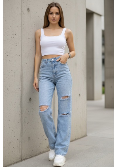 Woddi Bella Taş Salaş Dizi Yırtık Rahat Kesim Palazzo Jeans Kot Pantolon