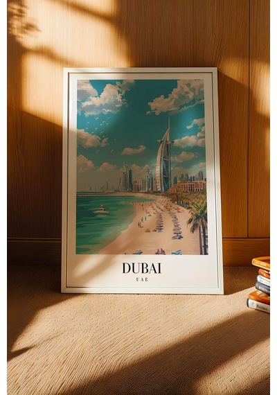 Dubai Uae Vintage Seyahat Posteri Çerçeveli Tablo - Premium Burj Al Arab Elit Duvar Dekoru Beyaz
