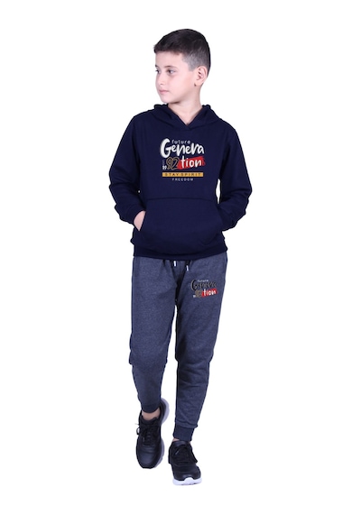 Fyk Kids Kapüşonlu Kanguru Cepli Generation Yazı Baskılı Erkek Çocuk Eşofman Takımı Lacivert - Füme